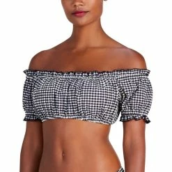 Best deal ❤️ Kate Spade New York 👩 Women's Off-The-Shoulder Check-Print 👙 Bikini Top Black 💯
